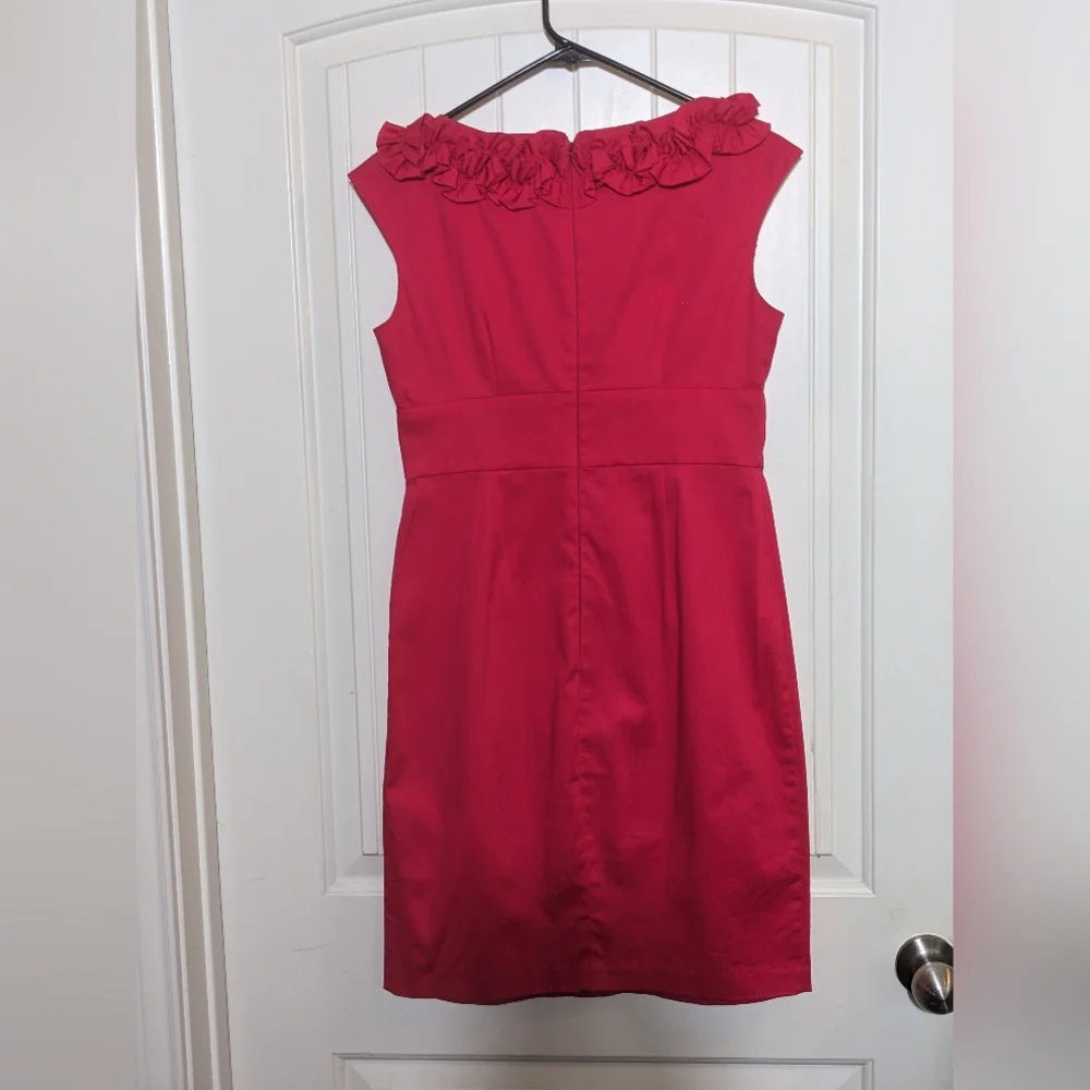 Sleeveless Hot Pink Sheath Dress w/ Ruffled Round Neck & empire waist; 6 Petite - Picture 2 of 5